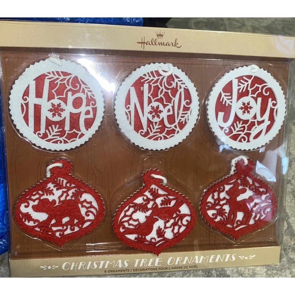 New Hallmark Felt Cut-Out Christmas Ornaments (6) Red & White Hope Noel Joy